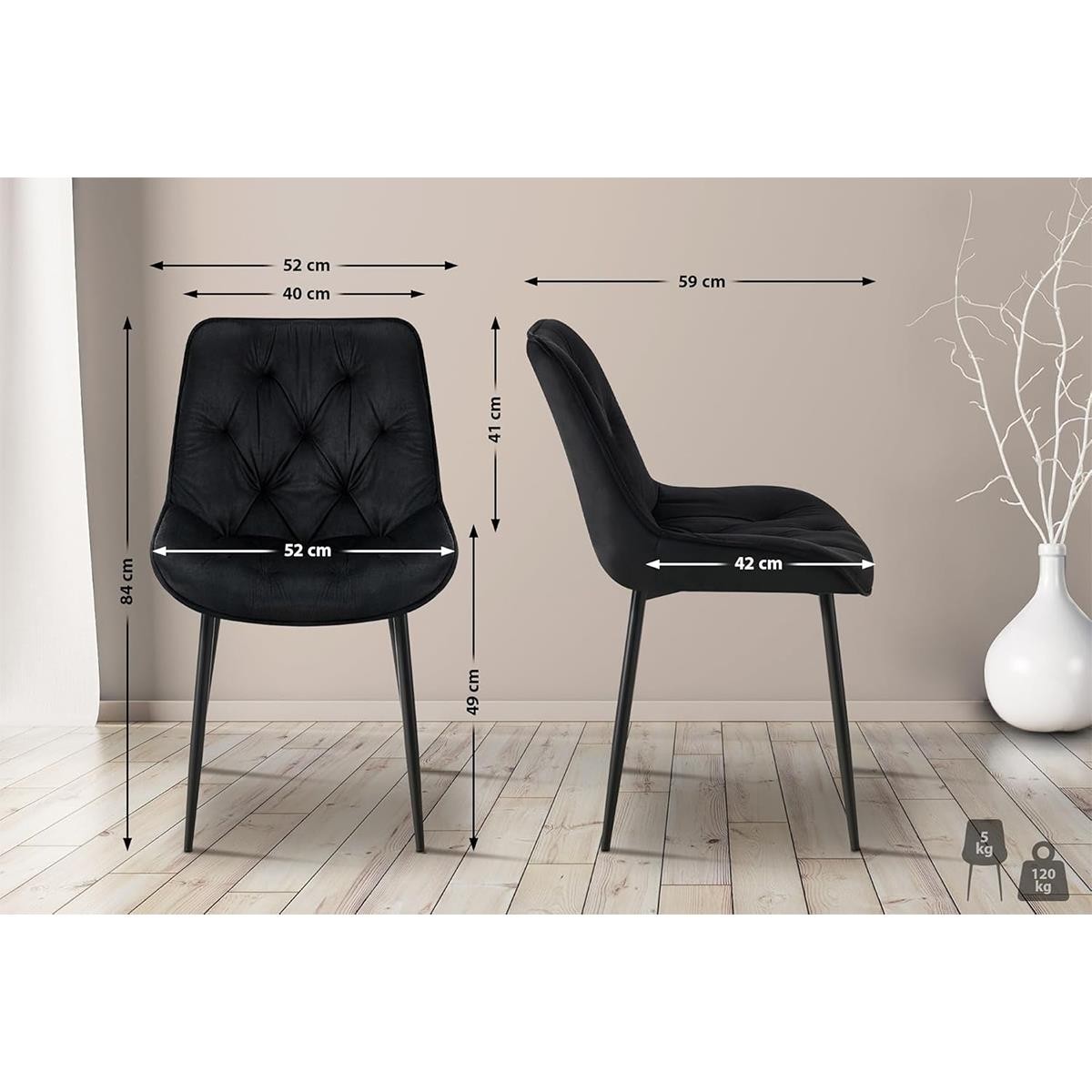 Lote de 2 Sillas de Confidente GRACE, Estructura Metálica Negra, en Terciopelo color Negro