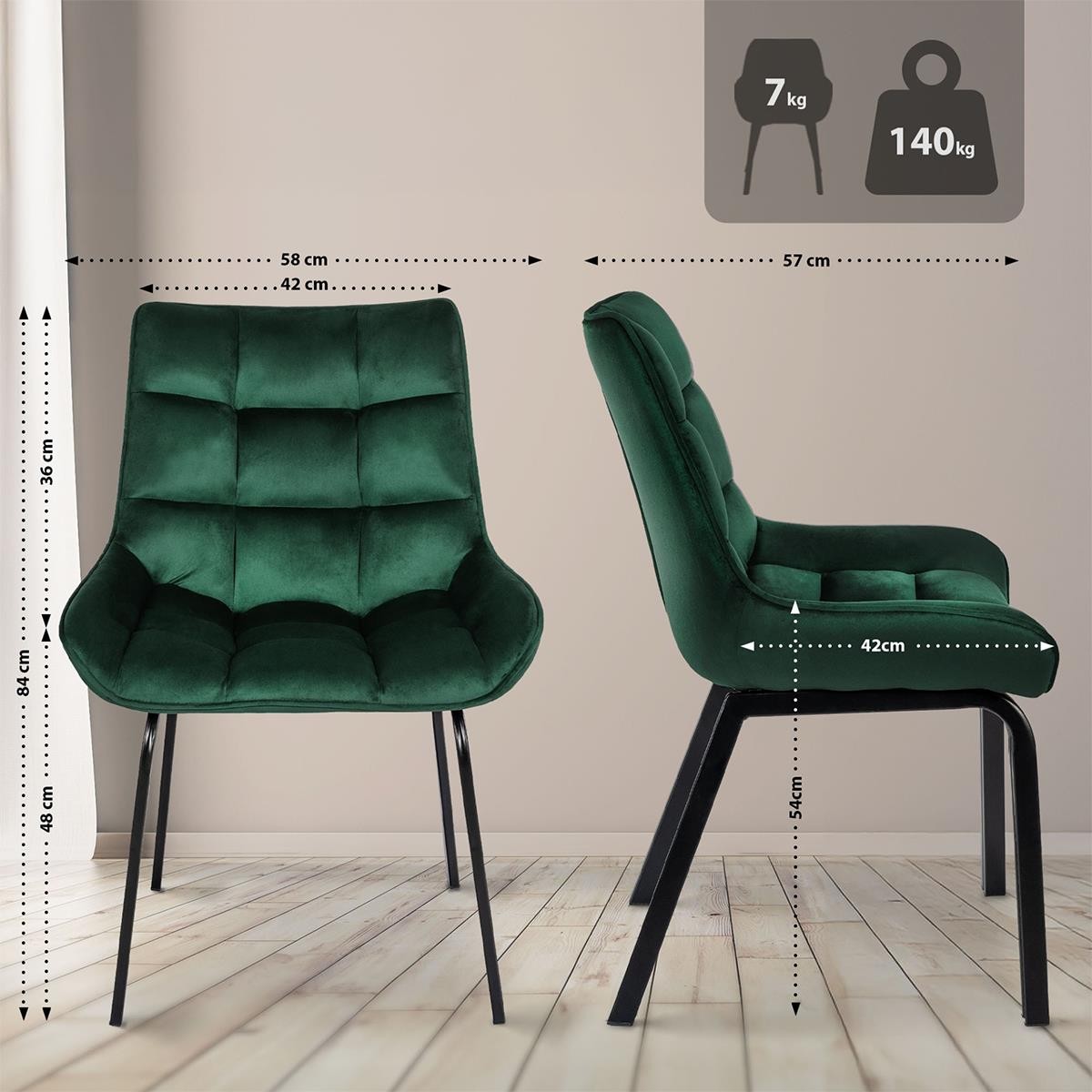 Lote de 2 Sillas de Confidente MAMBO, Grueso Acolchado, Patas Metálicas, en Terciopelo color Negro