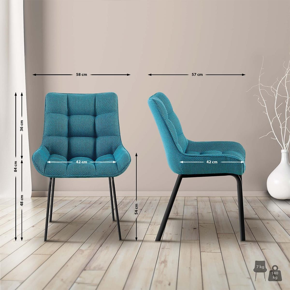 Lote de 2 Sillas de Confidente MAMBO, Grueso Acolchado, Patas Metálicas, en Tela color Azul Turquesa