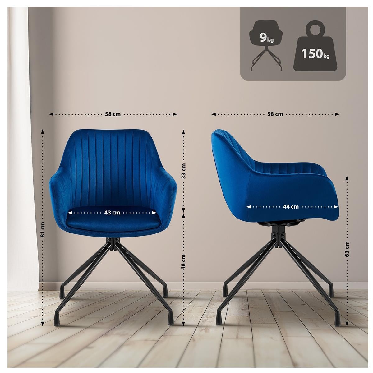 Lote de 2 Sillas de Confidente TANNER, Diseño Moderno, Giratorias 180º, en Terciopelo color Negro