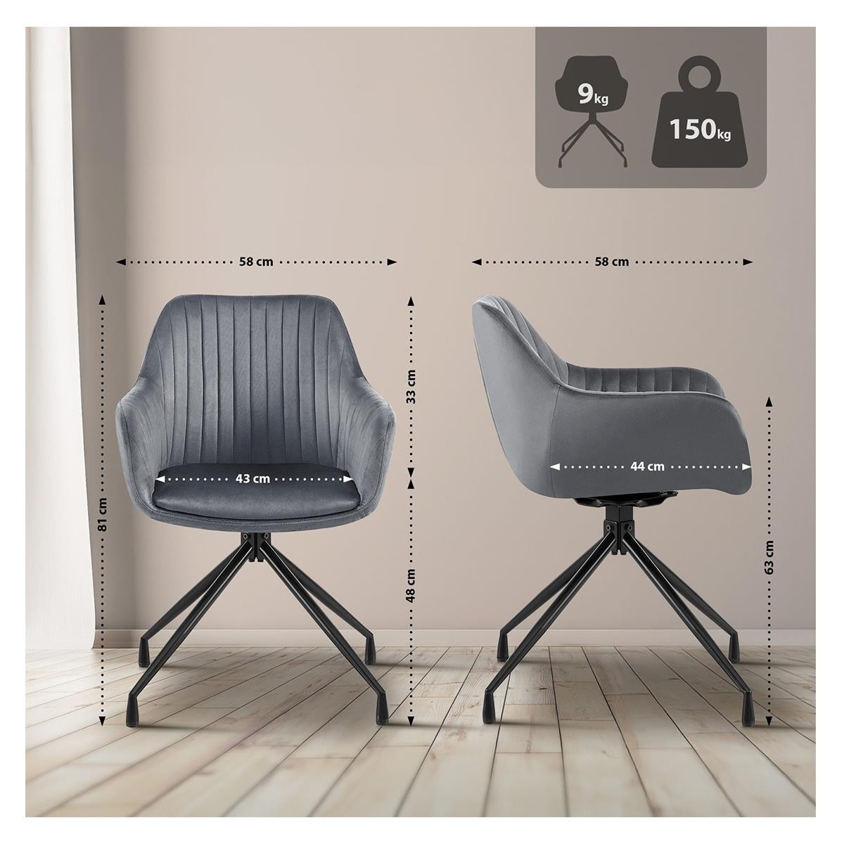 Lote de 2 Sillas de Confidente TANNER, Diseño Moderno, Giratorias 180º, en Terciopelo color Negro