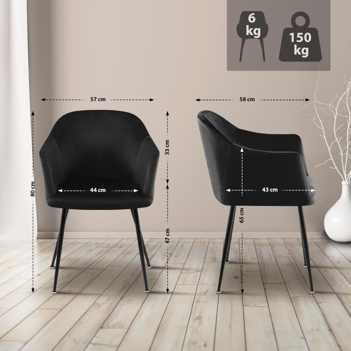 Silla de Confidente VIVIAN, Diseño moderno, en Terciopelo color Negro