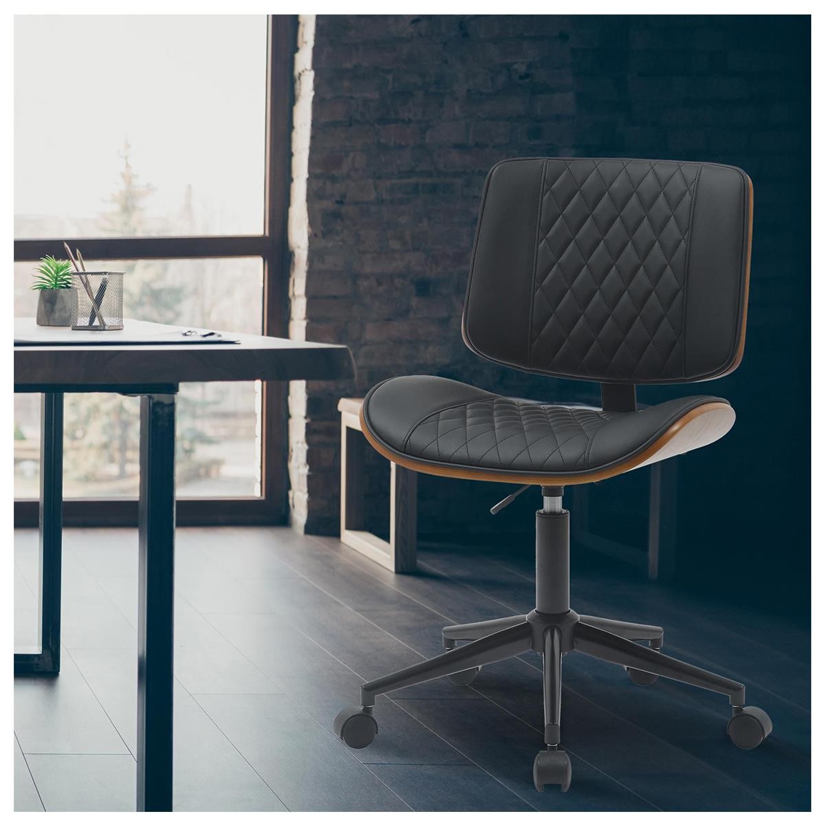 Silla de Oficina MARYEN, Diseño Moderno, en Madera Nogal y Piel color Negro