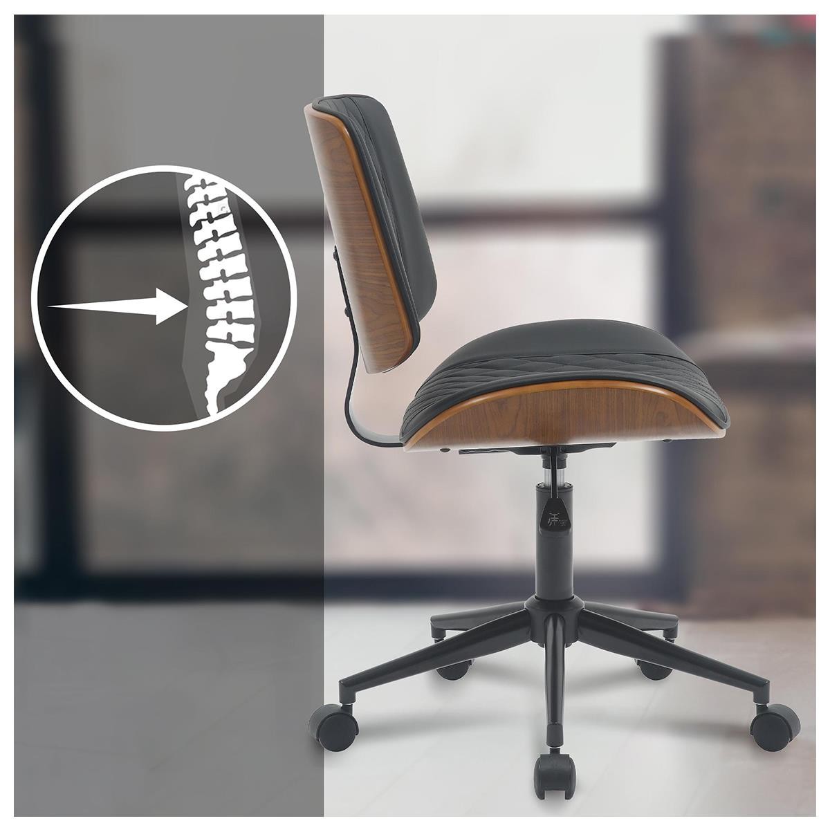 Silla de Oficina MARYEN, Diseño Moderno, en Madera Nogal y Piel color Negro