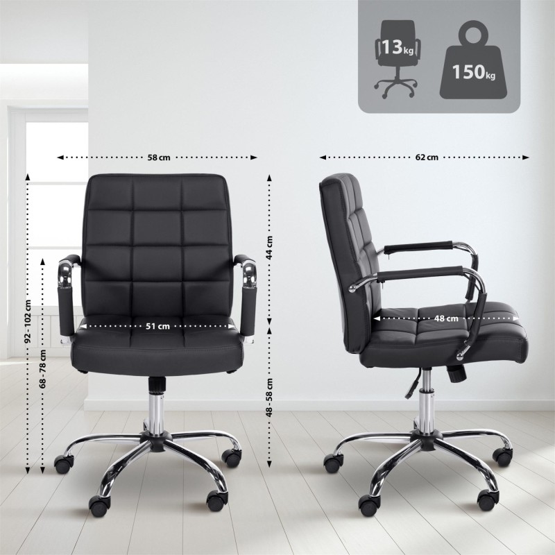 Silla de oficina BAXTER, grueso acolchado, en piel color negro
