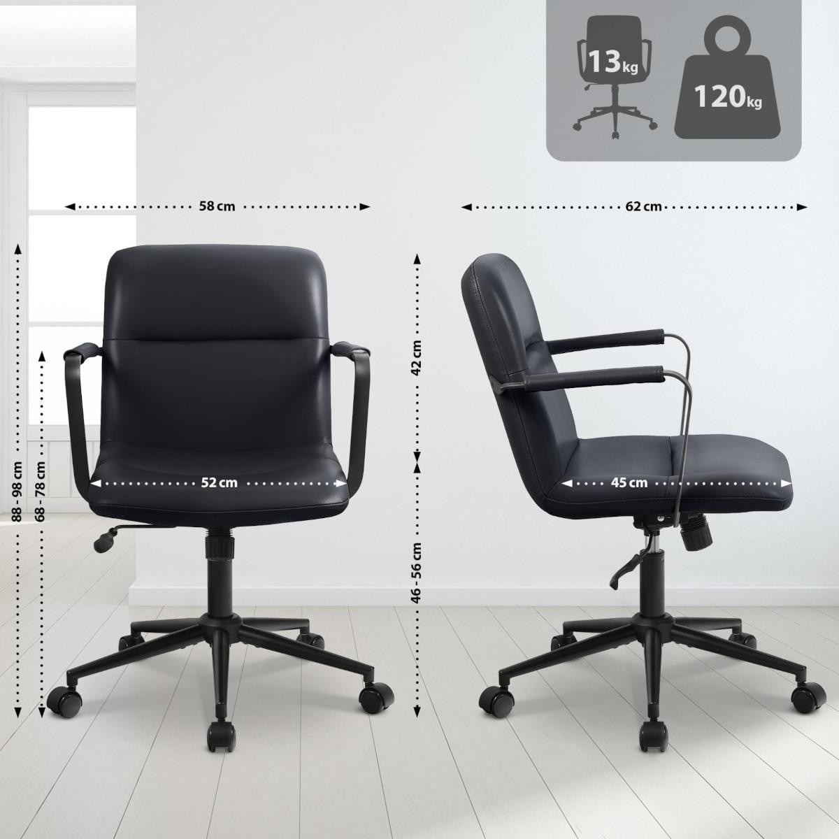 Silla de Oficina COBY, Grueso Acolchado, Base Metálica, Tapizada en Piel Natural color Negro