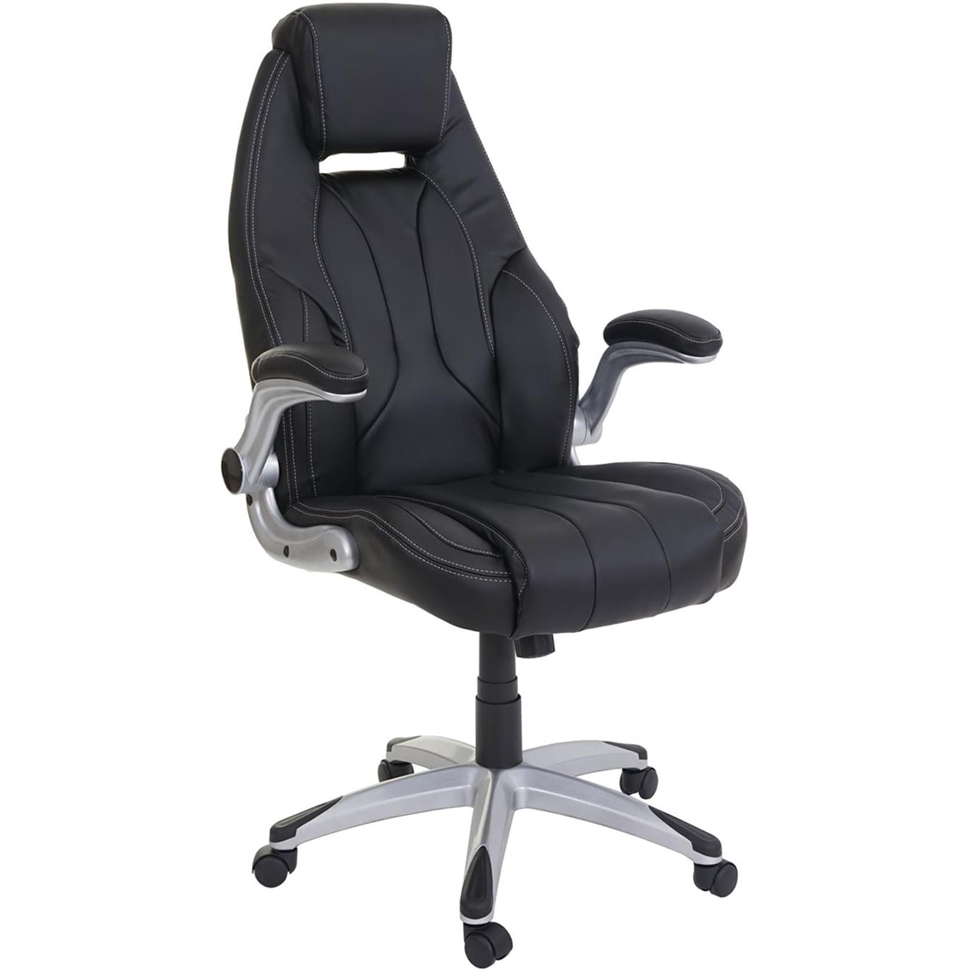 Silla de Oficina BOBI, Grueso Acolchado, Reposabrazos Abatibles, en Piel color Negro
