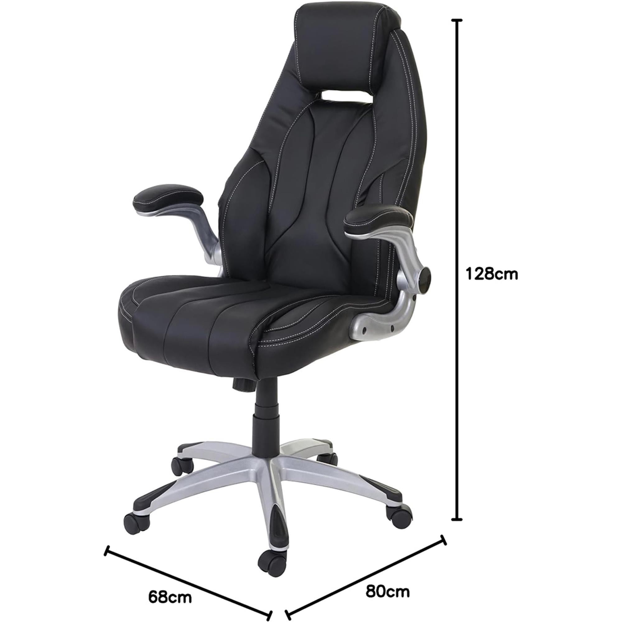 Silla de Oficina BOBI, Grueso Acolchado, Reposabrazos Abatibles, en Piel color Negro