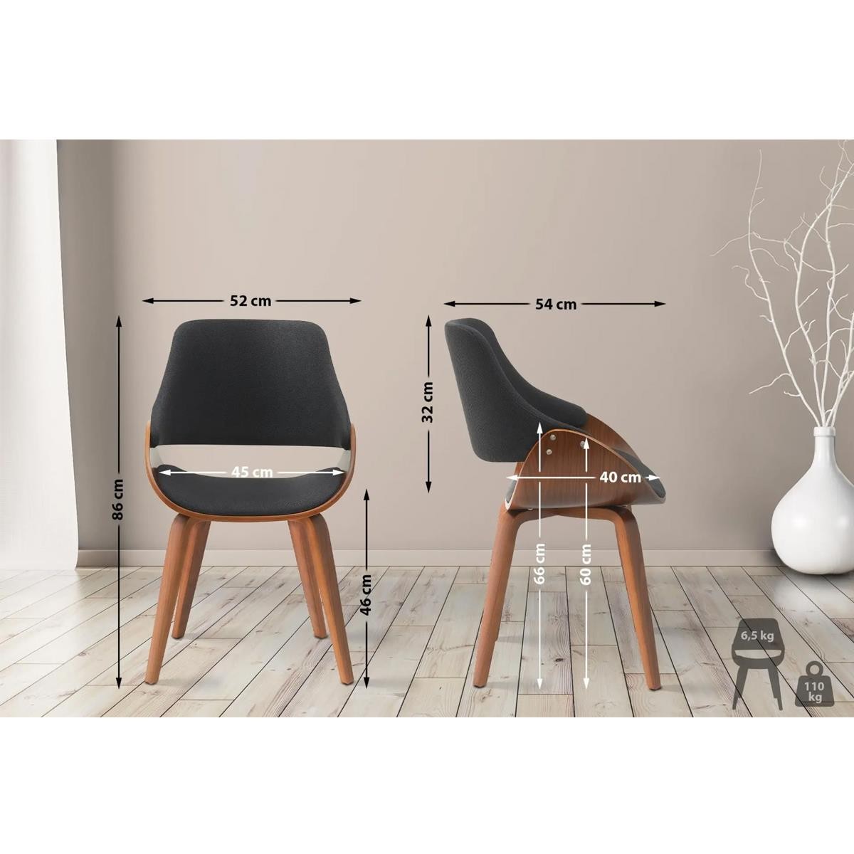 Silla de Confidente NESKA TELA, Diseño Moderno, en Madera Nogal, color Negro