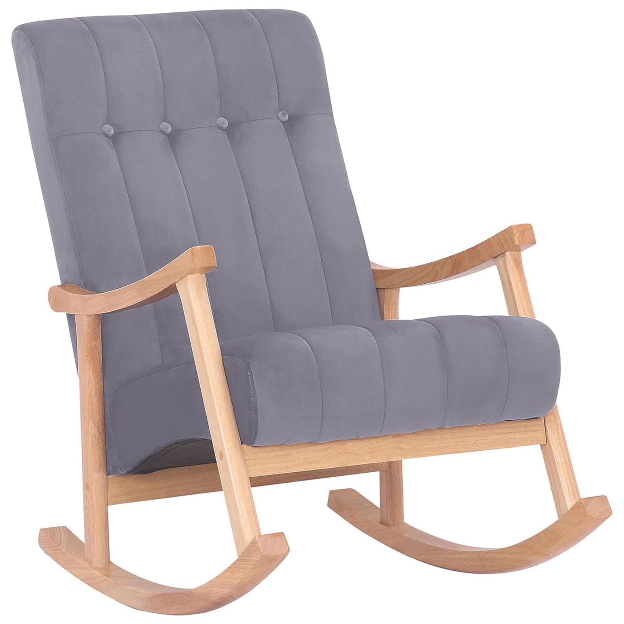 Sillón Mecedora SELMA, Gran acolchado, Estructura Madera Clara, Tela color Gris