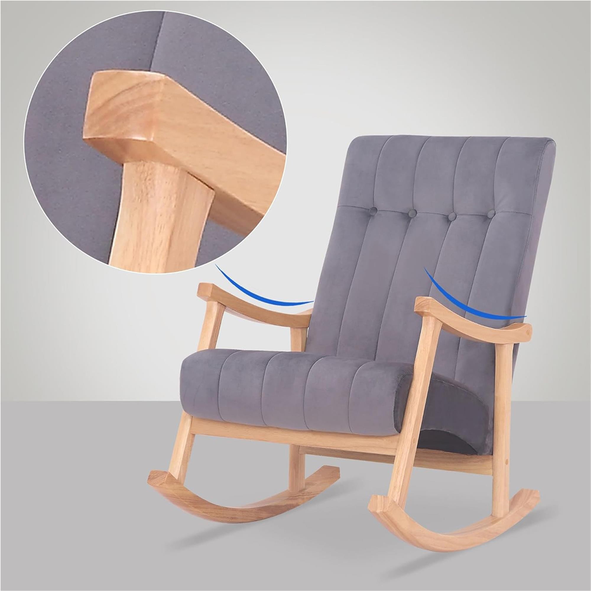 Sillón Mecedora SELMA, Gran acolchado, Estructura Madera Clara, Tela color Gris