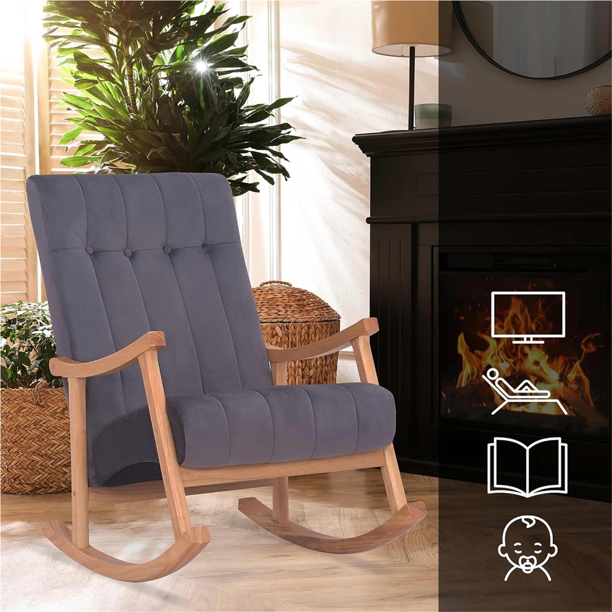 Sillón Mecedora SELMA, Gran acolchado, Estructura Madera Clara, Tela color Gris