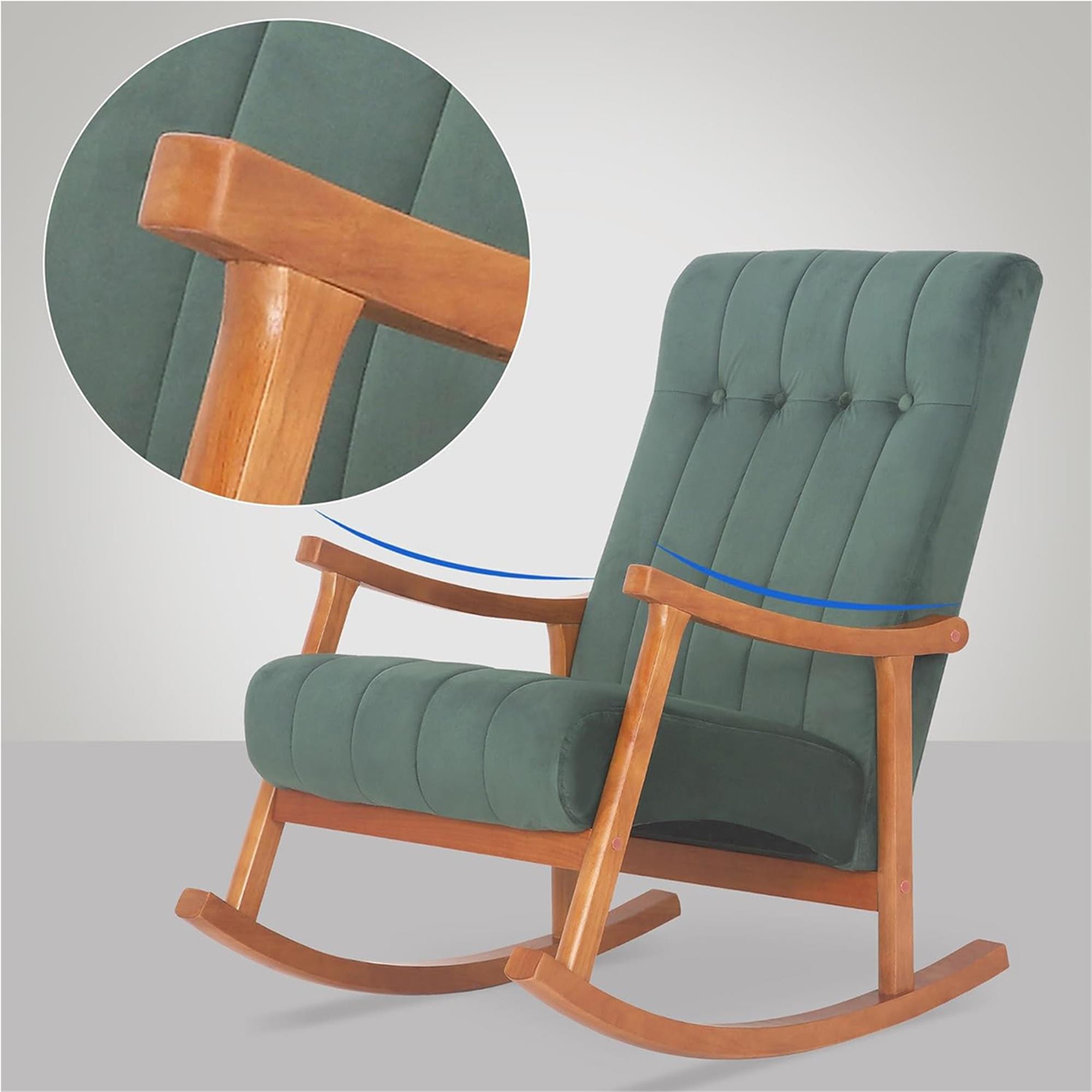 Sillón Mecedora SELMA, Gran acolchado, Estructura Madera Clara, Tela color Gris
