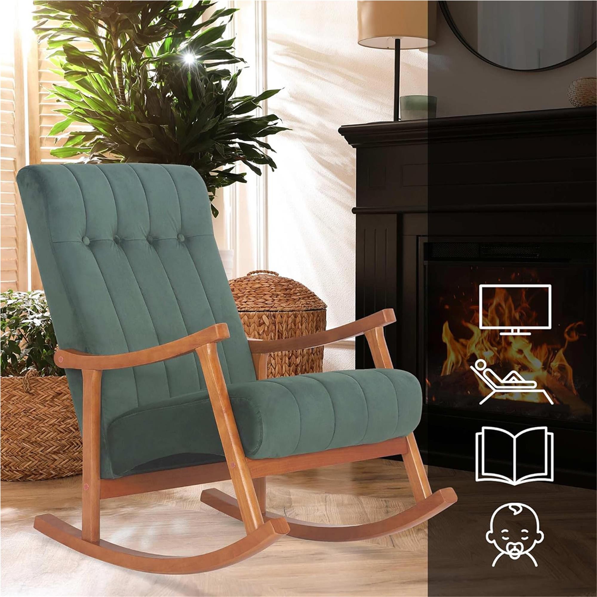Sillón Mecedora SELMA, Gran acolchado, Estructura Madera Clara, Tela color Gris