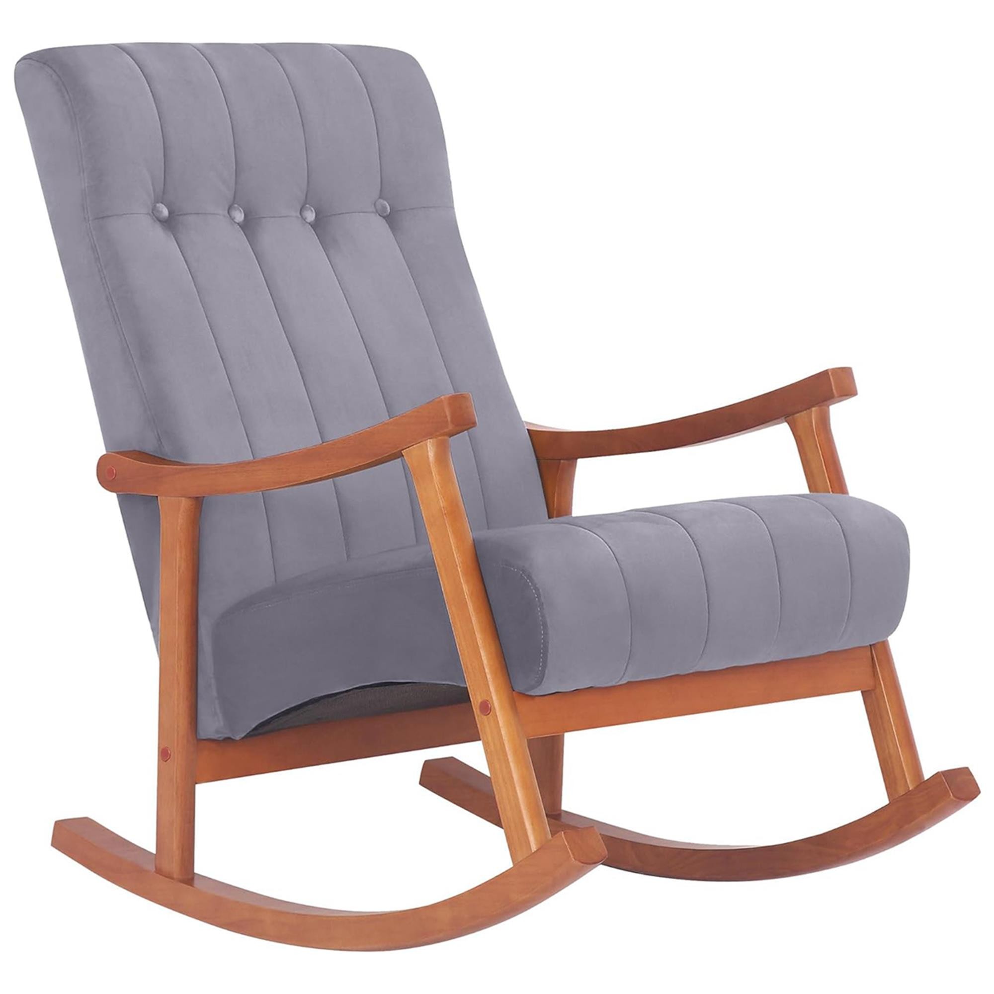 Sillón Mecedora SELMA, Gran acolchado, Estructura Madera Clara, Tela color Gris