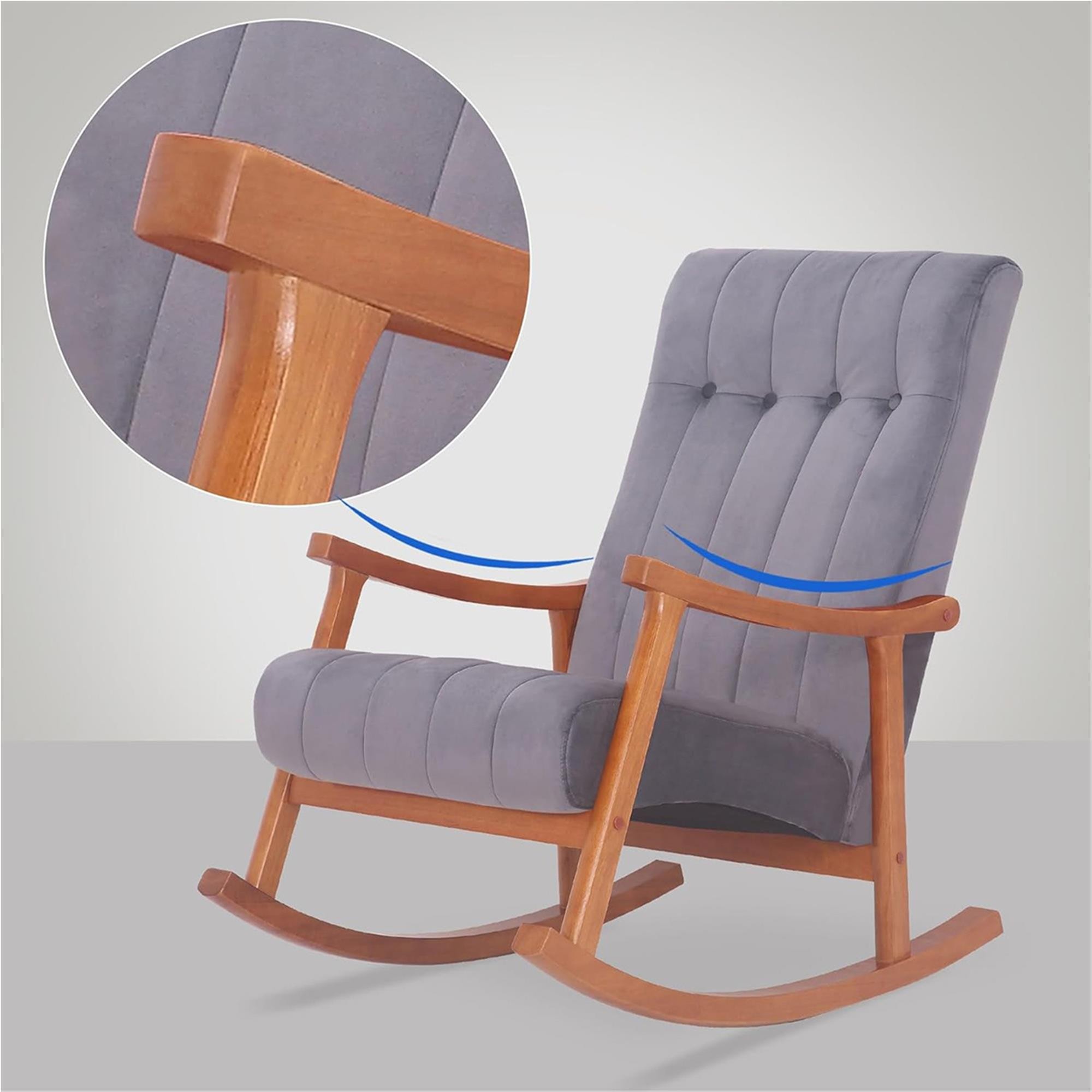 Sillón Mecedora SELMA, Gran acolchado, Estructura Madera Clara, Tela color Gris