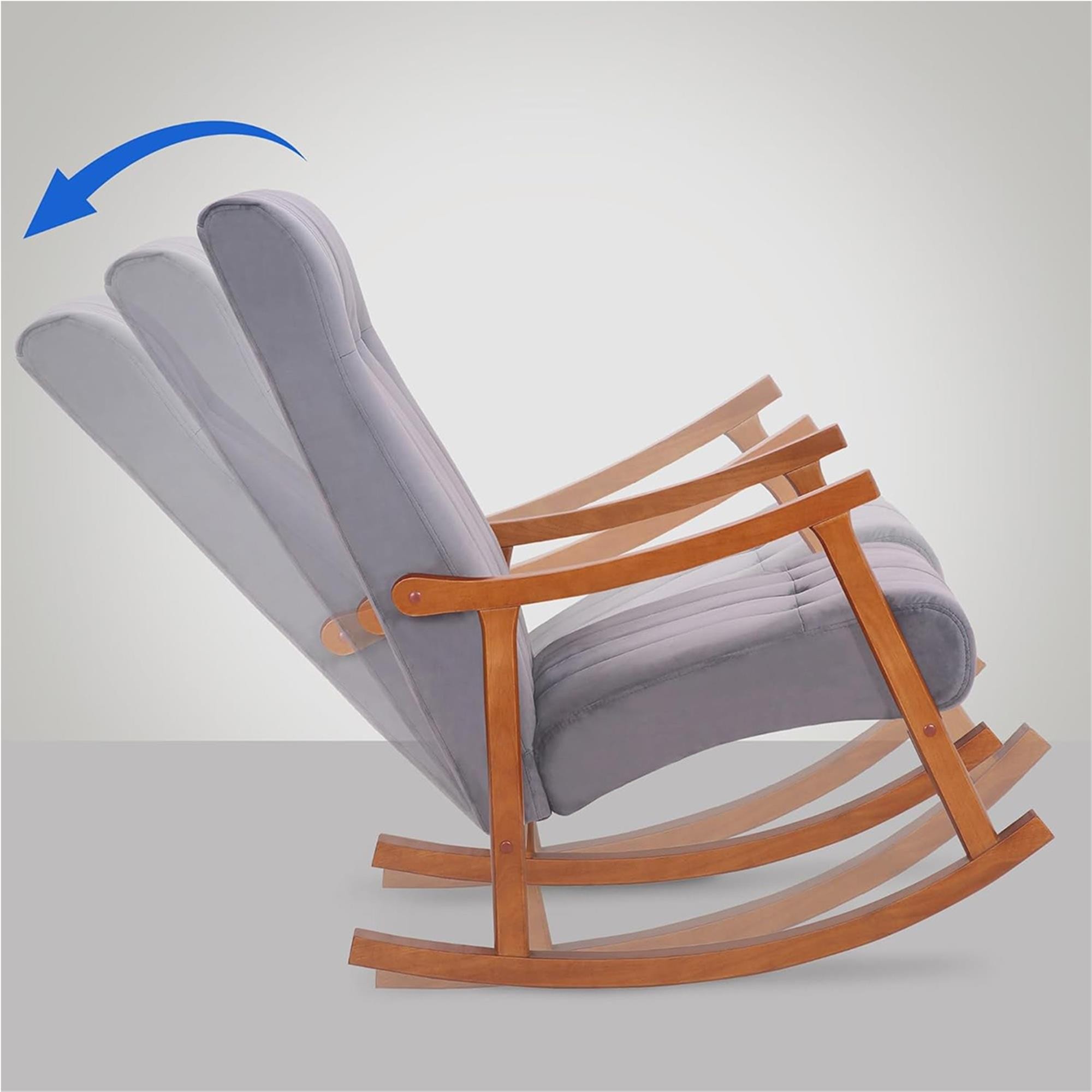 Sillón Mecedora SELMA, Gran acolchado, Estructura Madera Clara, Tela color Gris