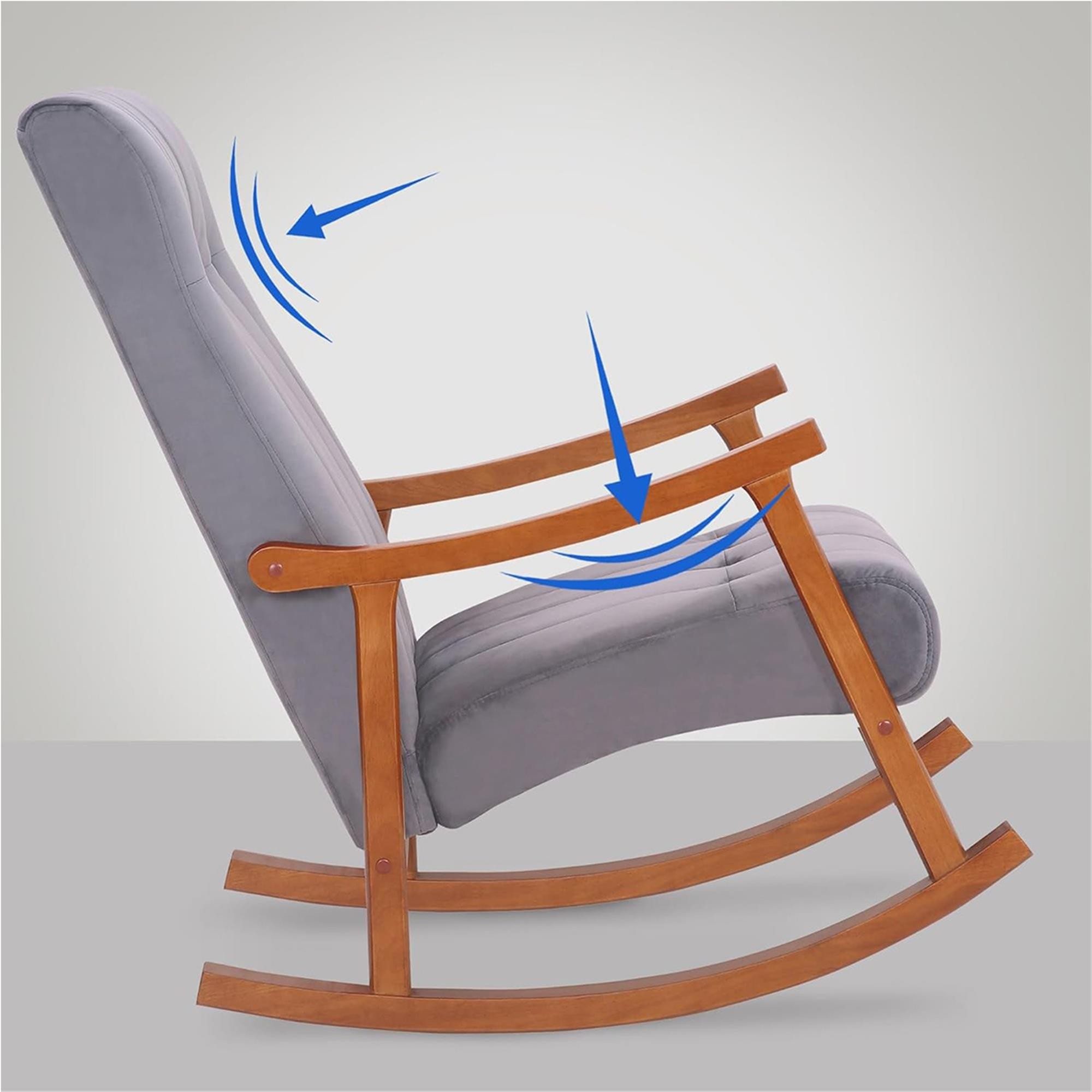 Sillón Mecedora SELMA, Gran acolchado, Estructura Madera Clara, Tela color Gris