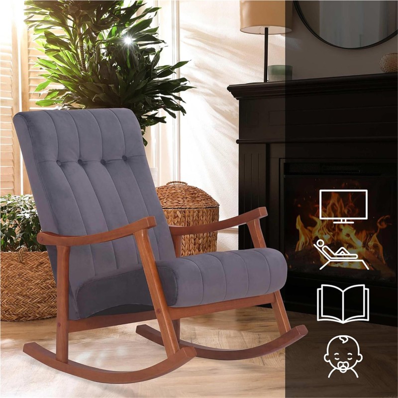 Sillón Mecedora SELMA, madera clara y Tela color Gris
