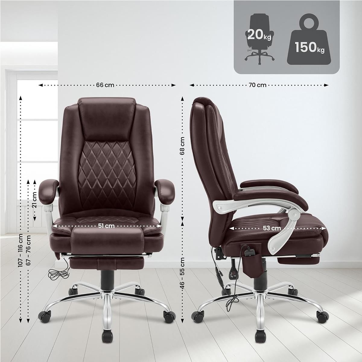 Sillón de Oficina CABUYA, Reposapiés Extensible, Función Masaje, en Piel color Negro