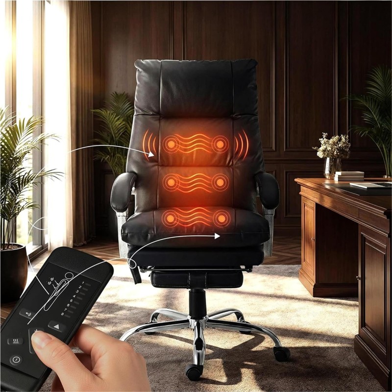 Sillón de Oficina SARMI, Reposapiés Extensible, en Piel color Negro