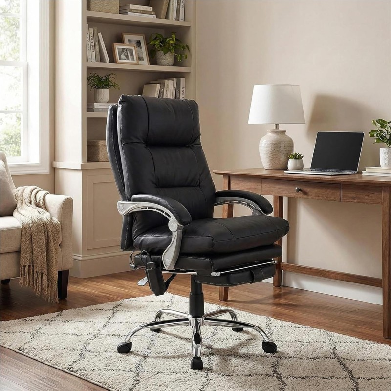 Sillón de Oficina SARMI, Reposapiés Extensible, en Piel color Negro