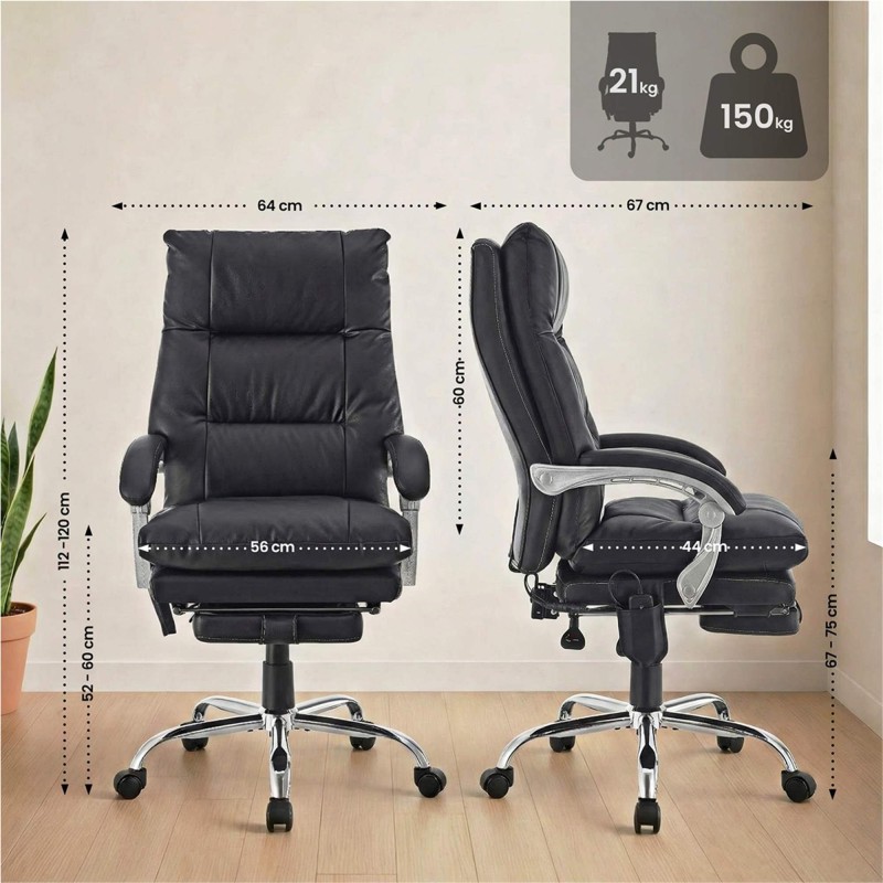 Sillón de Oficina SARMI, Reposapiés Extensible, en Piel color Negro
