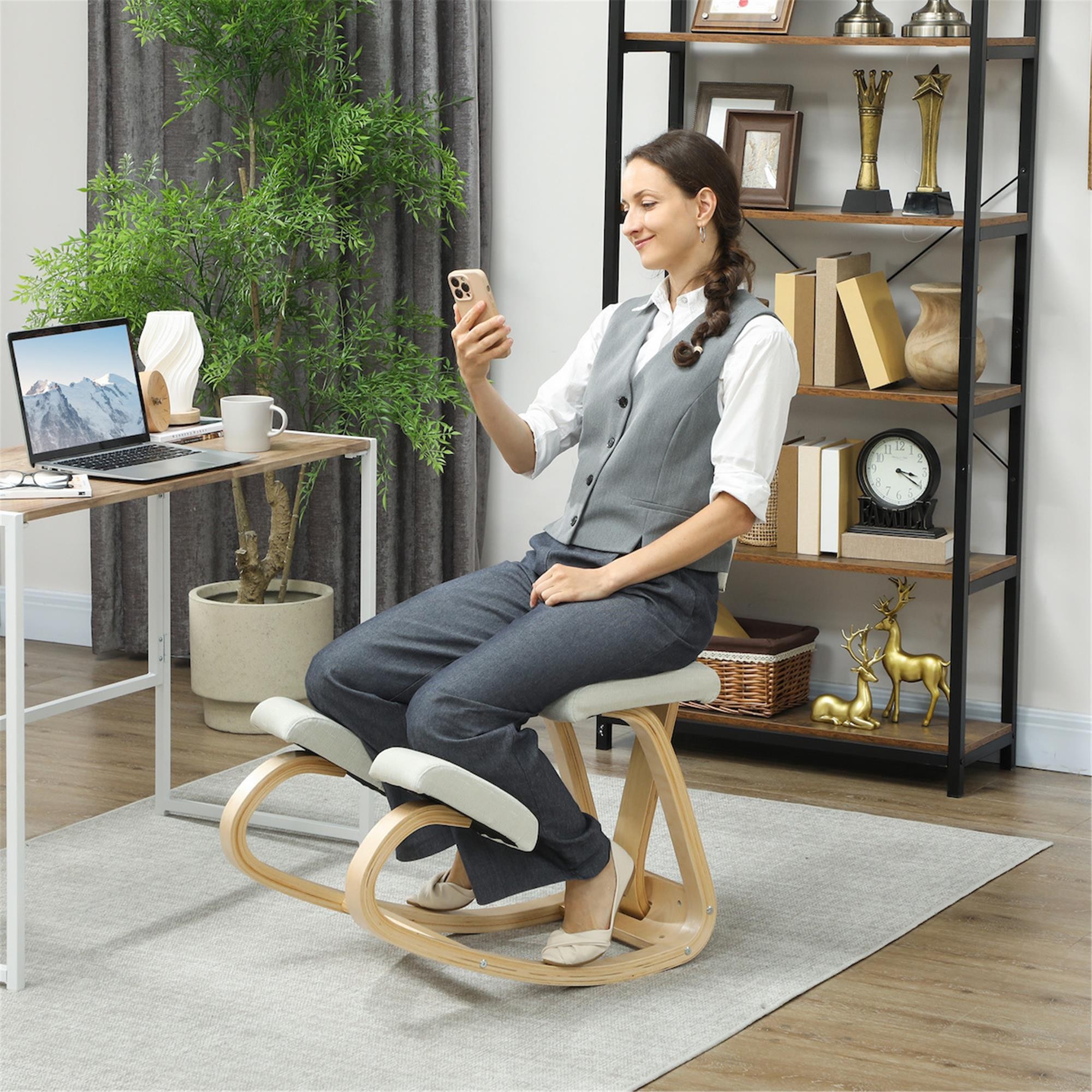 Silla Ergonómica de Rodillas MOLTY, con Respaldo, Tapizada en Lino Sintético color Gris