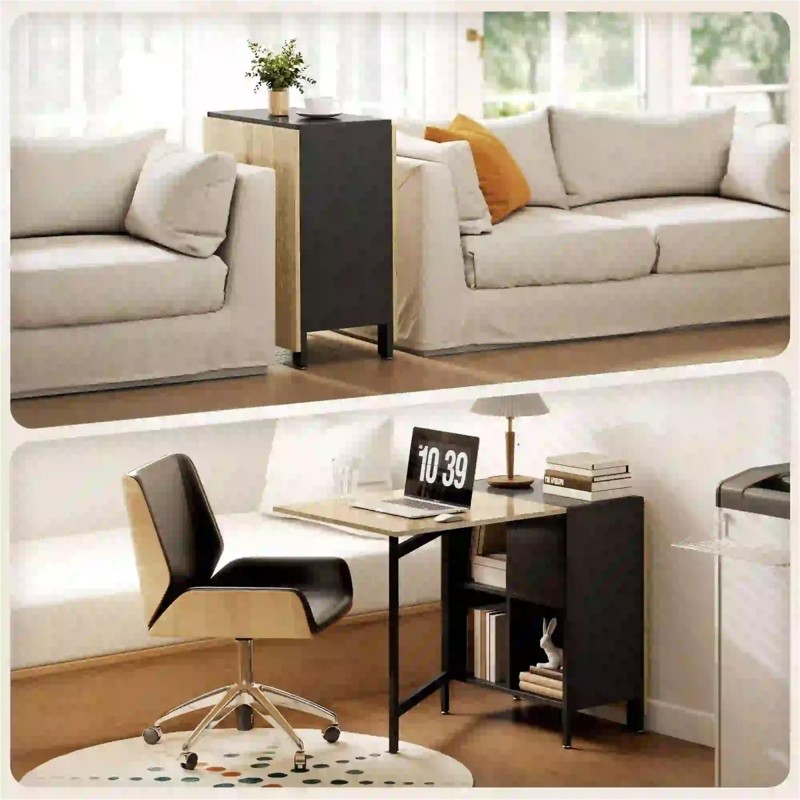Mesa de reuniones AMALTY, Metal y Madera, Alas extensibles, color Negro y Madera clara