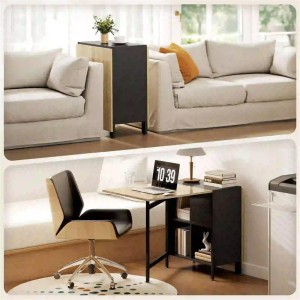 Mesa de reuniones AMALTY, Metal y Madera, Alas extensibles, color Negro y Madera clara