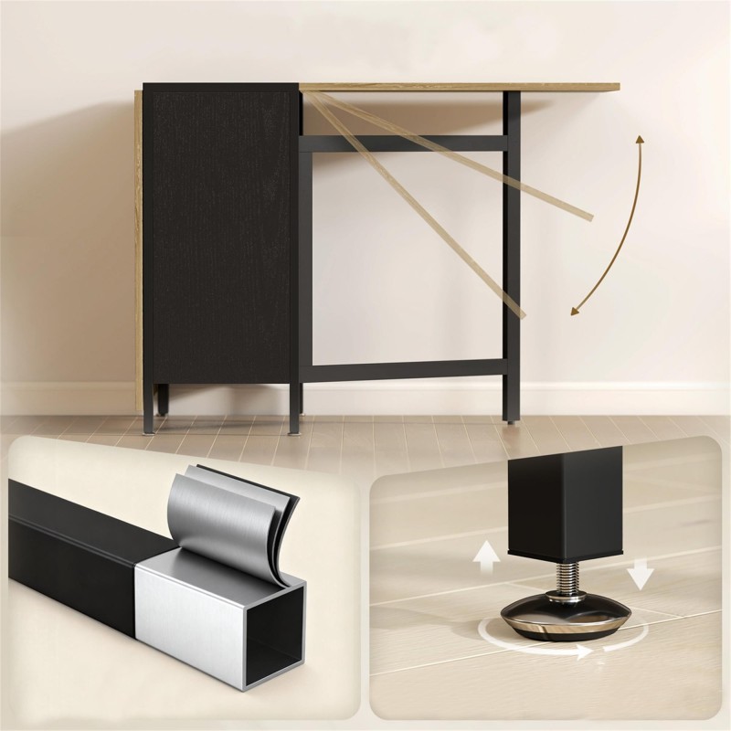 Mesa de reuniones AMALTY, Metal y Madera, Alas extensibles, color Negro y Madera clara