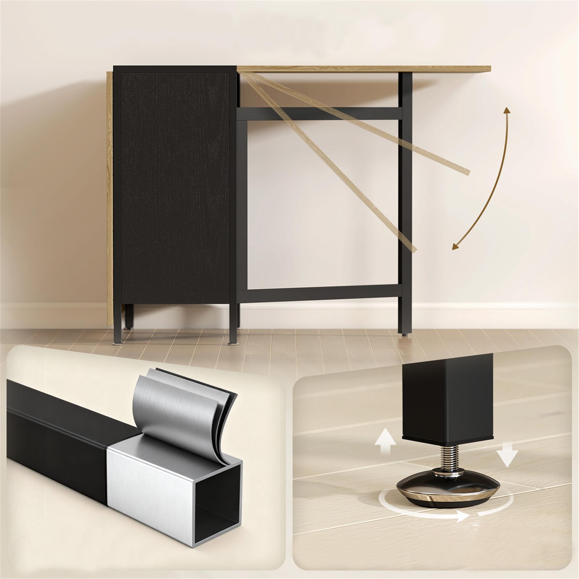 Mesa de Reuiniones ALMATY, Metal y Madera, 2 Alas Abatibles, color Negro y Madera clara