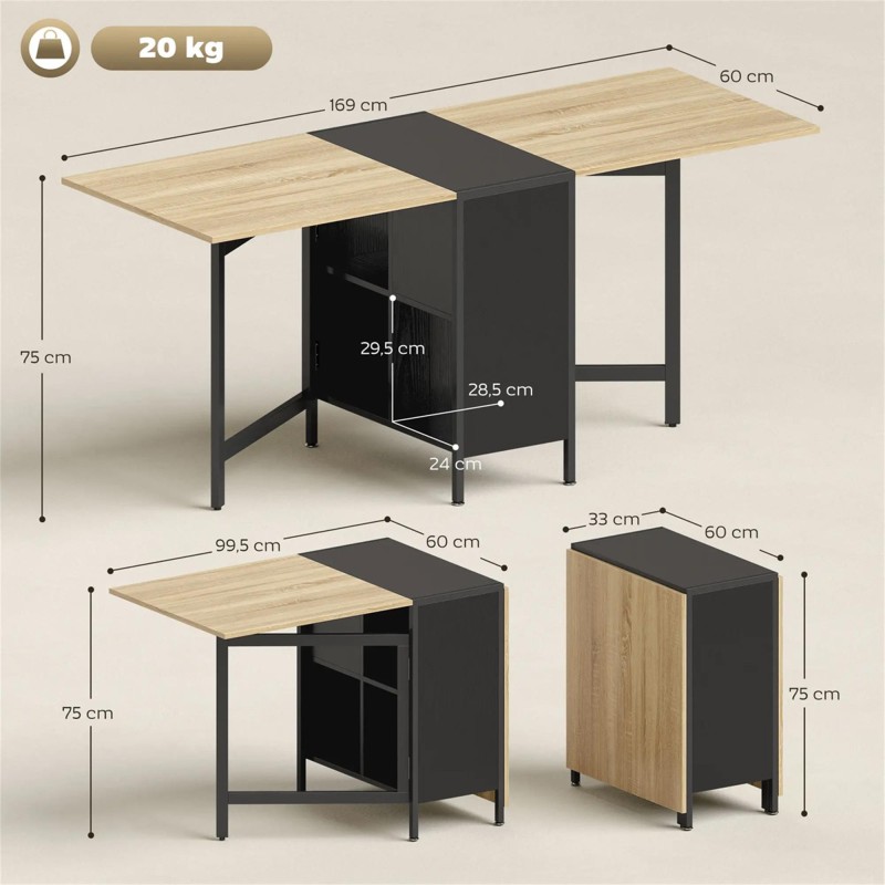 Mesa de reuniones AMALTY, Metal y Madera, Alas extensibles, color Negro y Madera clara