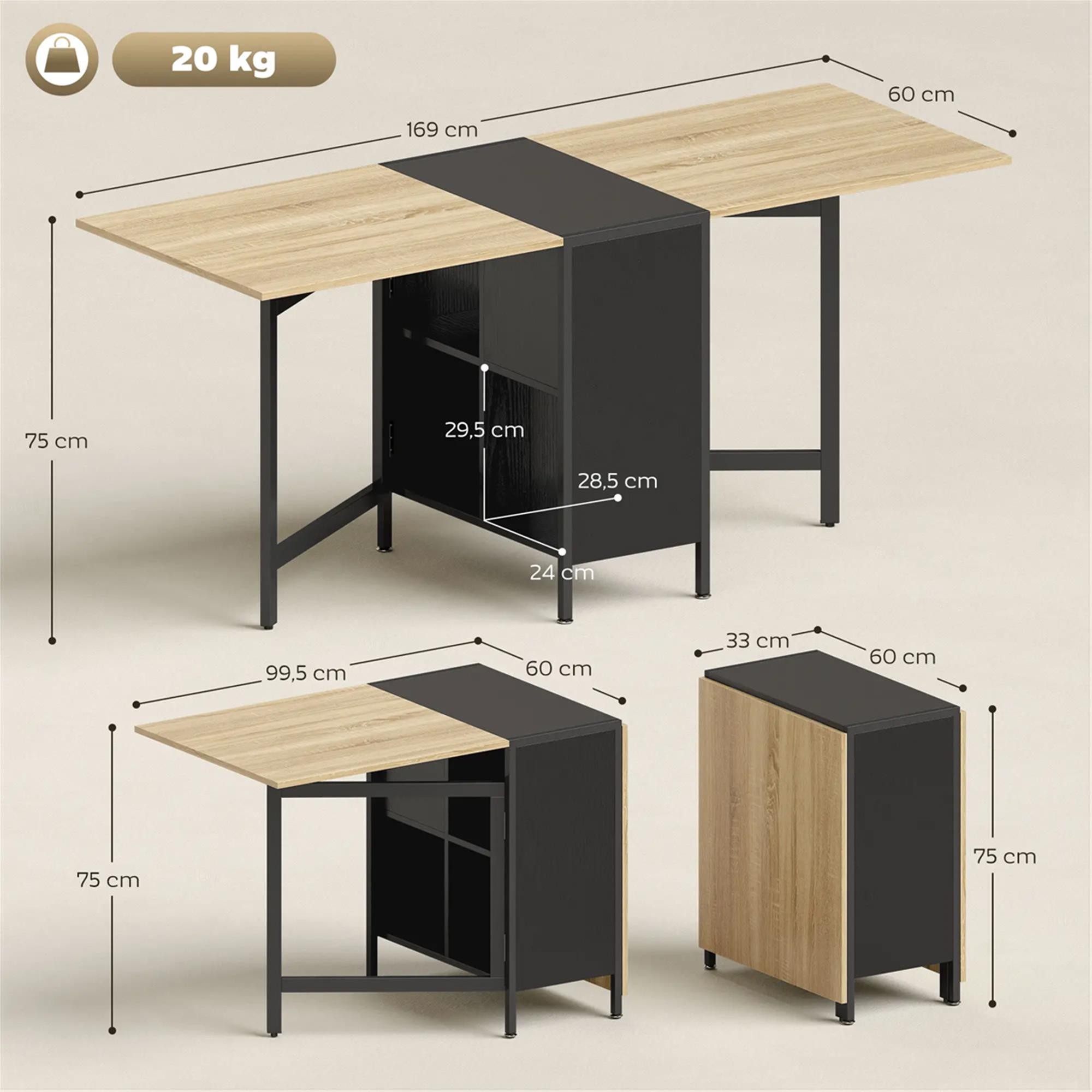 Mesa de Reuiniones ALMATY, Metal y Madera, 2 Alas Abatibles, color Negro y Madera clara