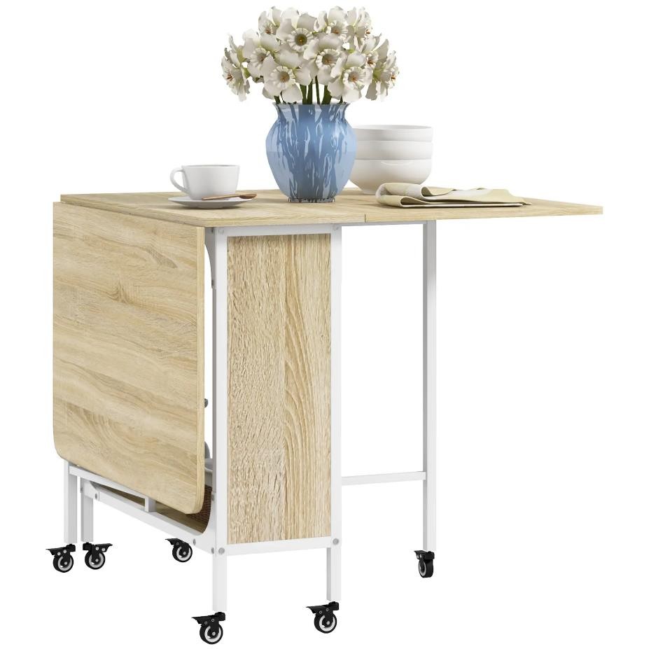 Mesa de Reuniones SKOPJE, Metal y Madera, Plegable con Ruedas, 2 Alas Abatibles, 130x80x74 cm, color Nogal