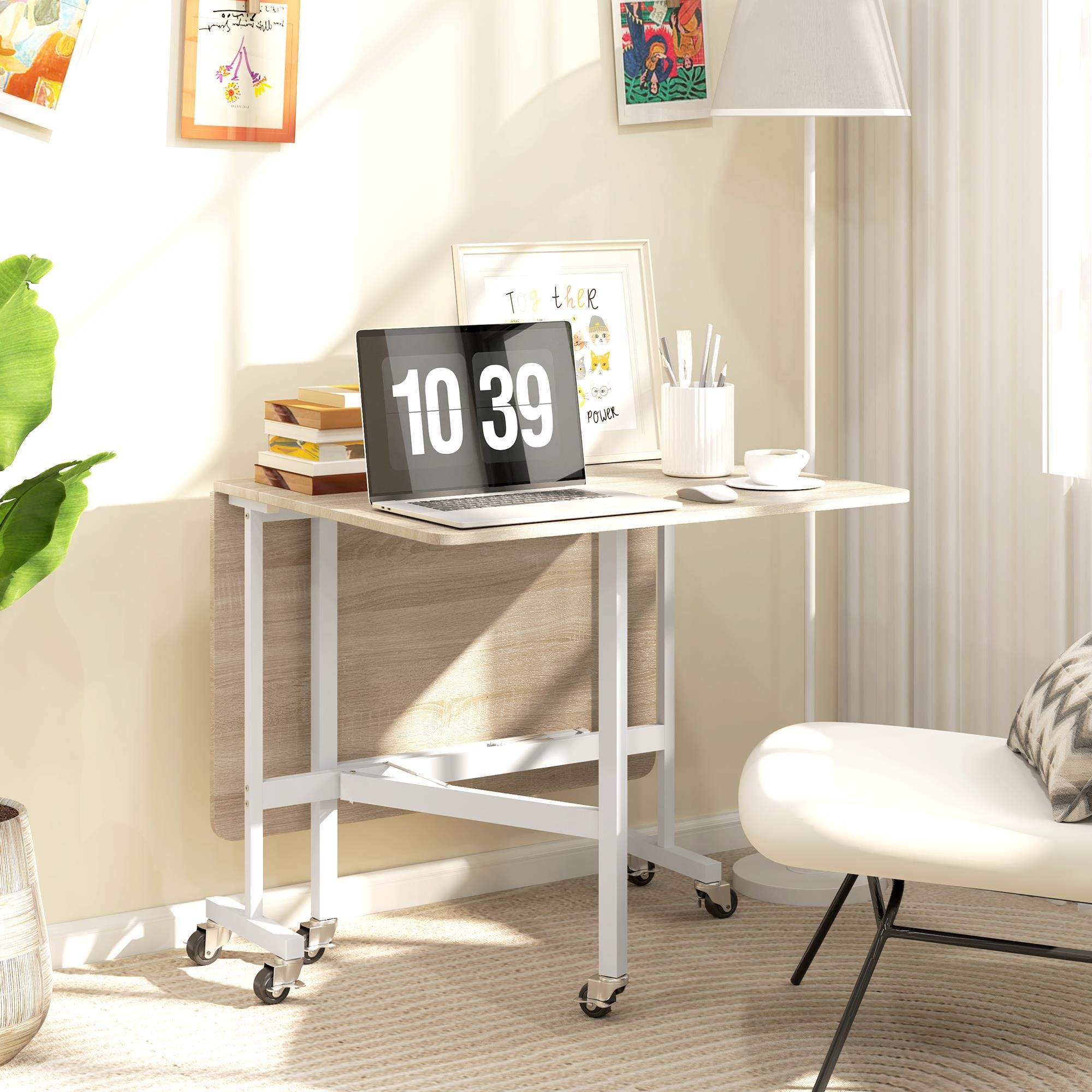Mesa de Reuniones NICOSIA, Metal y Madera, Plegable con Ruedas, 2 Alas Abatibles, 120x80x73 cm, color Blanco