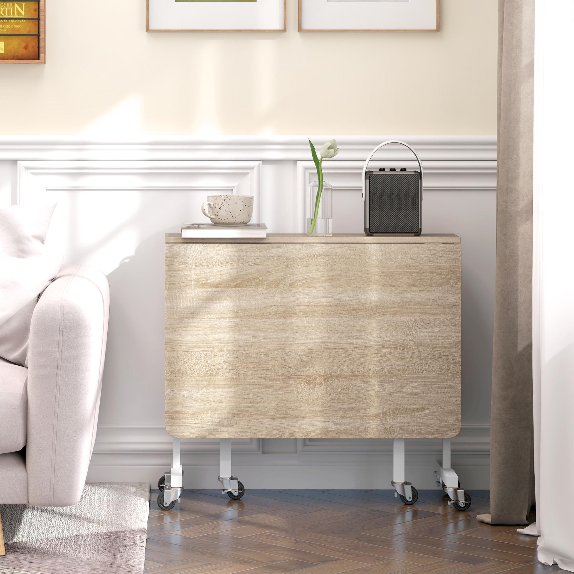 Mesa de Reuniones NICOSIA, Metal y Madera, Plegable con Ruedas, 2 Alas Abatibles, 120x80x73 cm, color Blanco