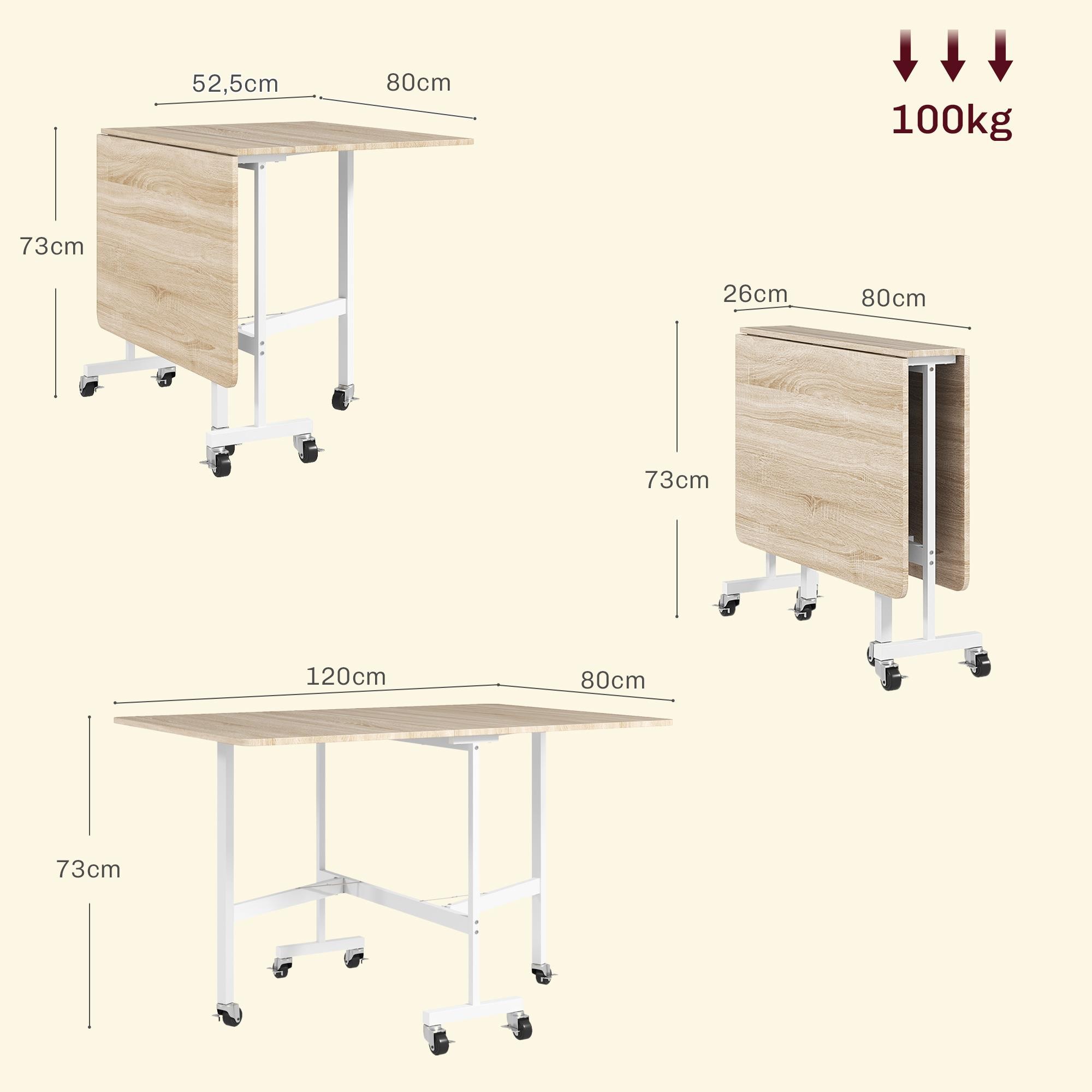 Mesa de Reuniones NICOSIA, Metal y Madera, Plegable con Ruedas, 2 Alas Abatibles, 120x80x73 cm, color Blanco