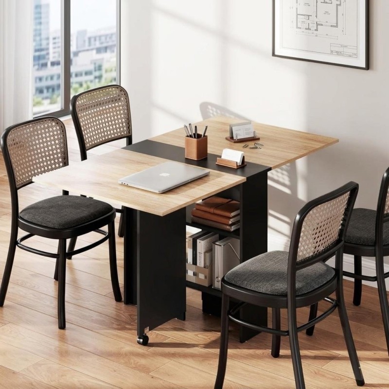 Mesa de Reuniones MORONI, con Ruedas y Estantes de Almacenaje, color Negro