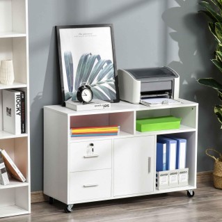 Armario auxiliar con Ruedas AVEC, 100x35x65 cm, 2 Cajones y Cajones, en Madera color Blanco