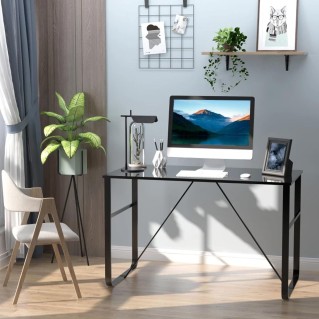 Mesa de oficina CHIMO, estructura metálica negra y superficie de cristal
